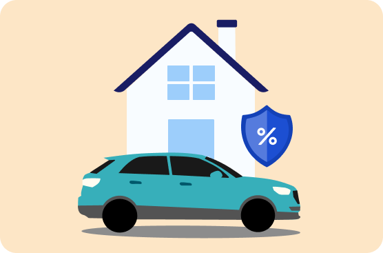 Illustration of car in front of a house with a percentage shield next to it